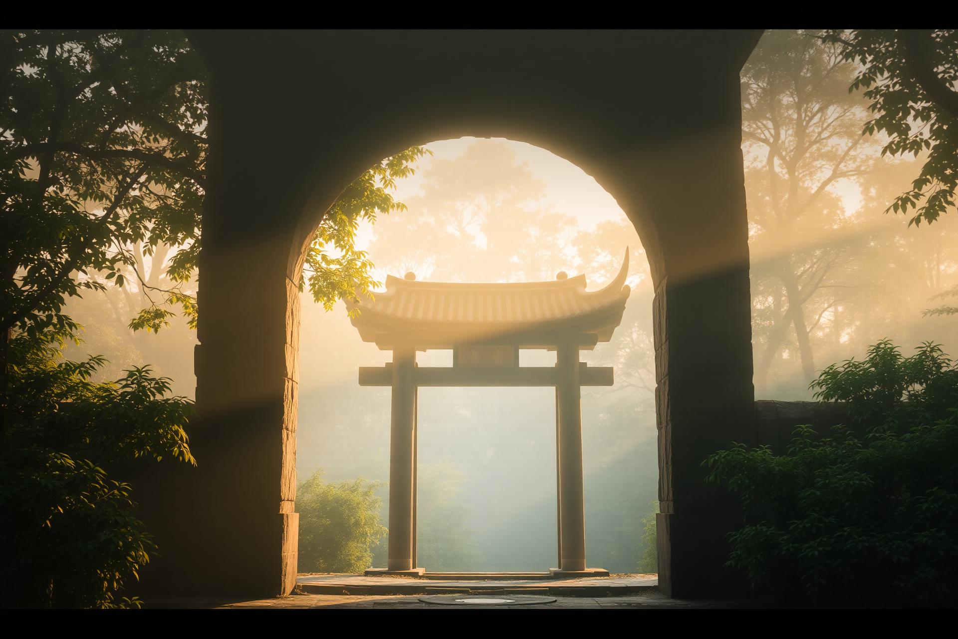 A stone temple archway opening onto a misty forest at dawn